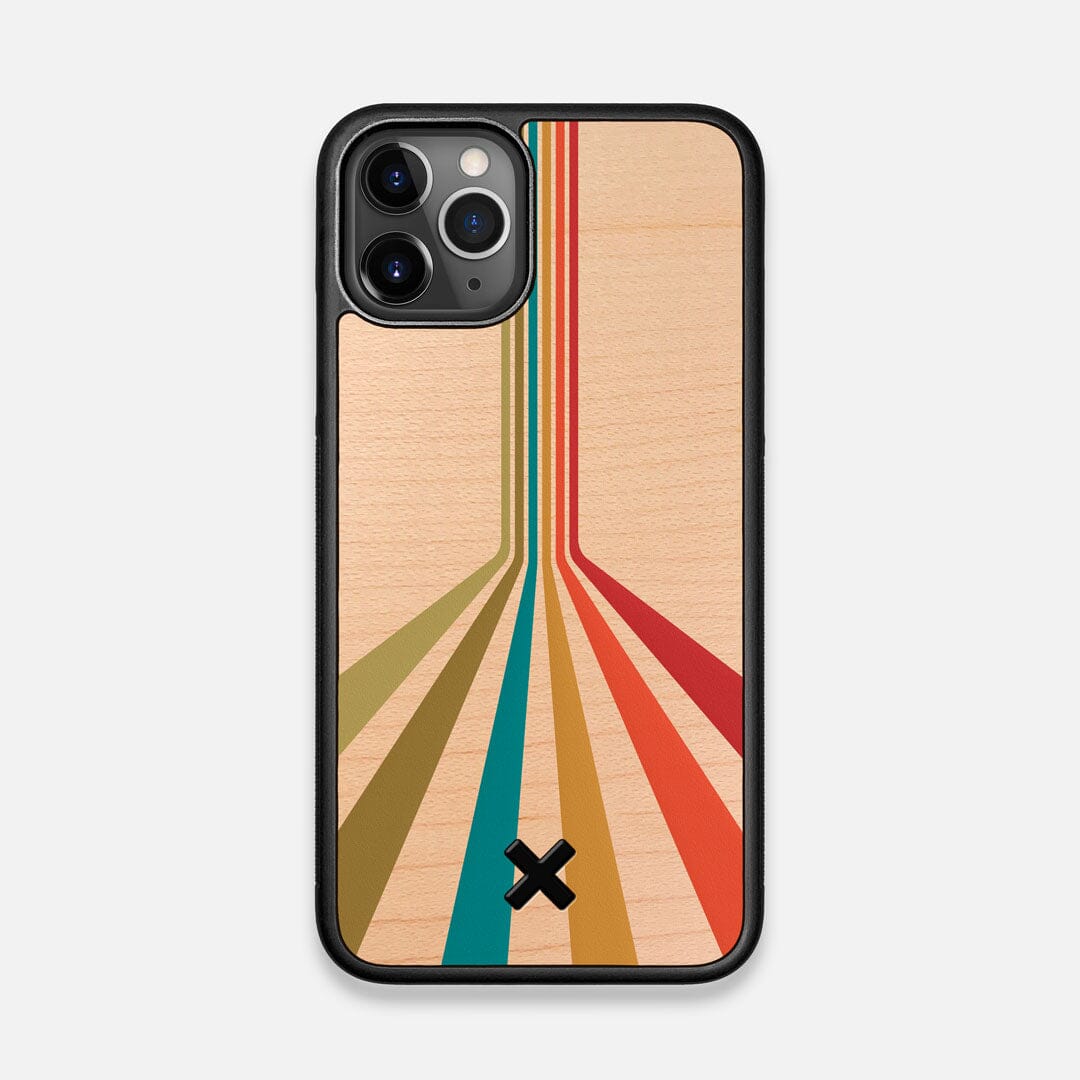Front view of the array of colour beams splitting across the case printed on Maple wood iPhone 11 Pro Case by Keyway Designs
