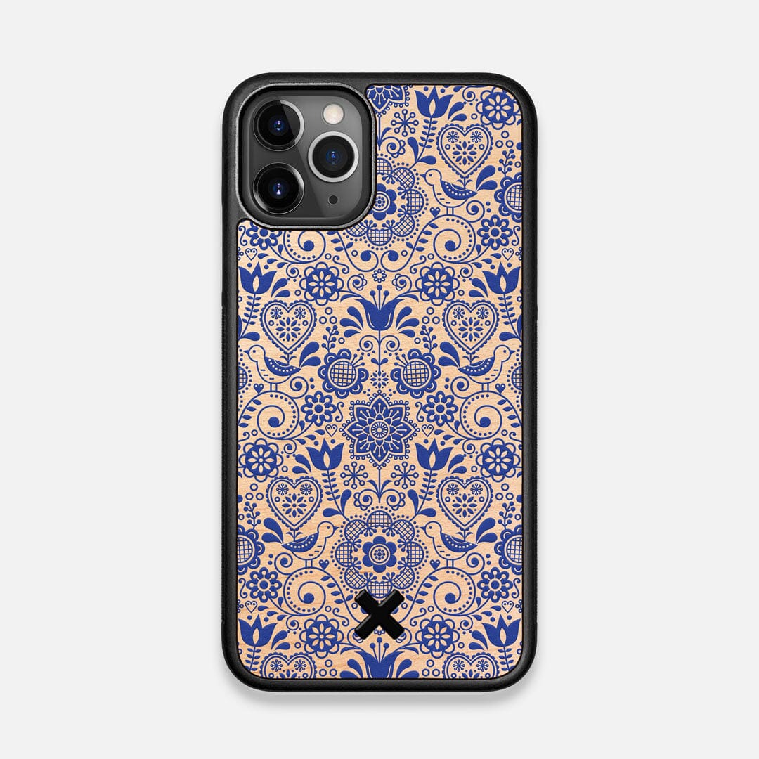 Front view of the blue floral pattern on maple wood iPhone 11 Pro Case by Keyway Designs