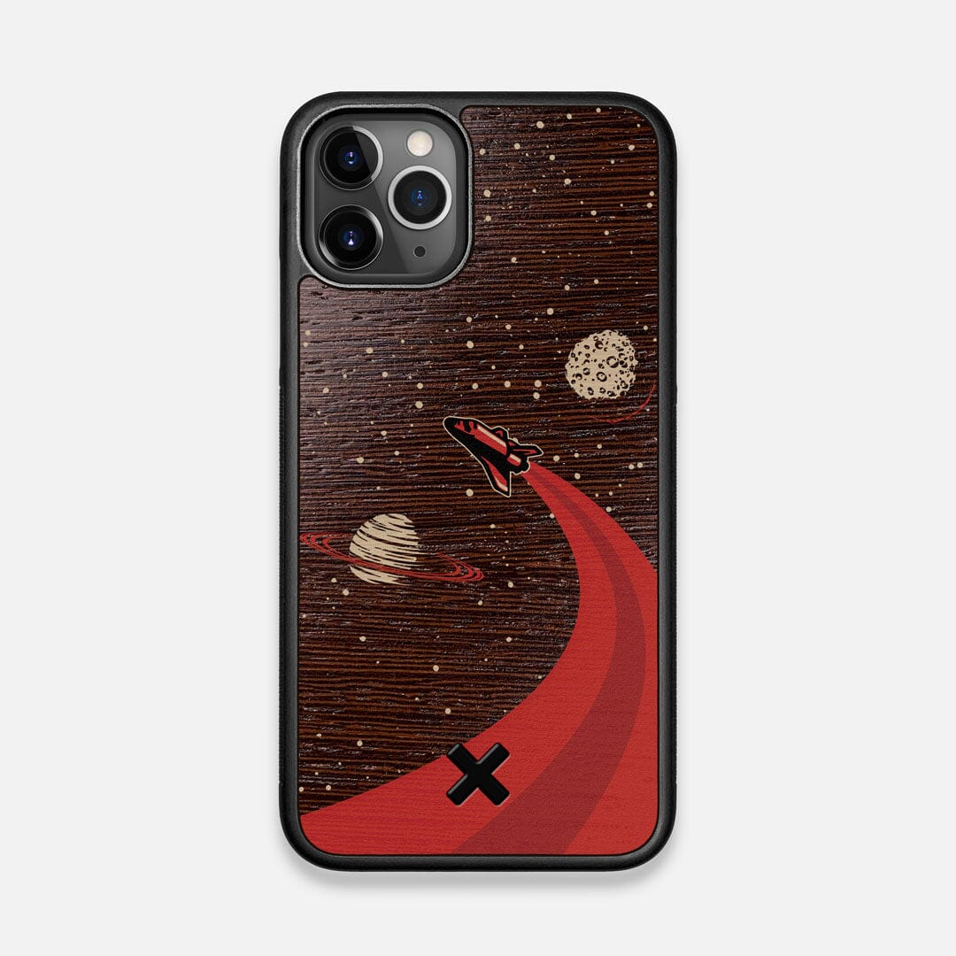 Front view of the stylized space shuttle boosting to saturn printed on Wenge wood iPhone 11 Pro Case by Keyway Designs