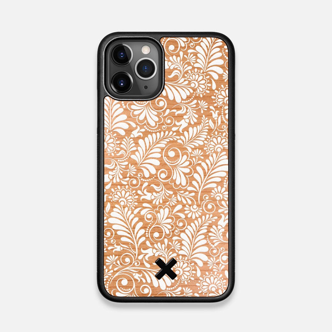 Front view of the white ink flowing botanical print on Cherry wood iPhone 11 Pro Case by Keyway Designs