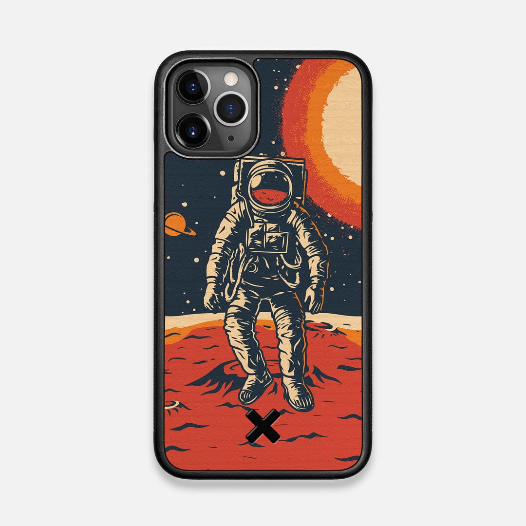 Front view of the stylized astronaut space-walk print on Cherry wood iPhone 11 Pro Case by Keyway Designs