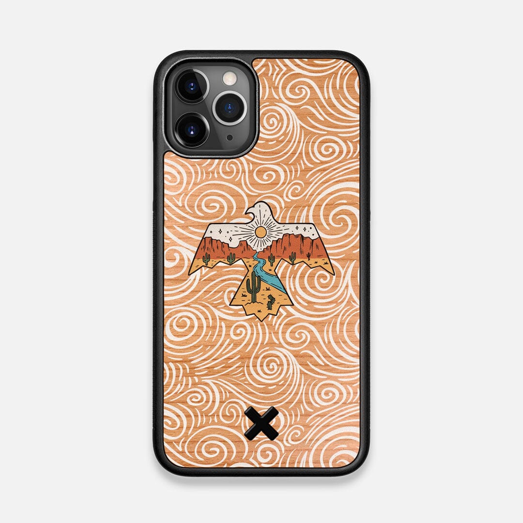 Front view of the double-exposure style eagle over flowing gusts of wind printed on Cherry wood iPhone 11 Pro Case by Keyway Designs