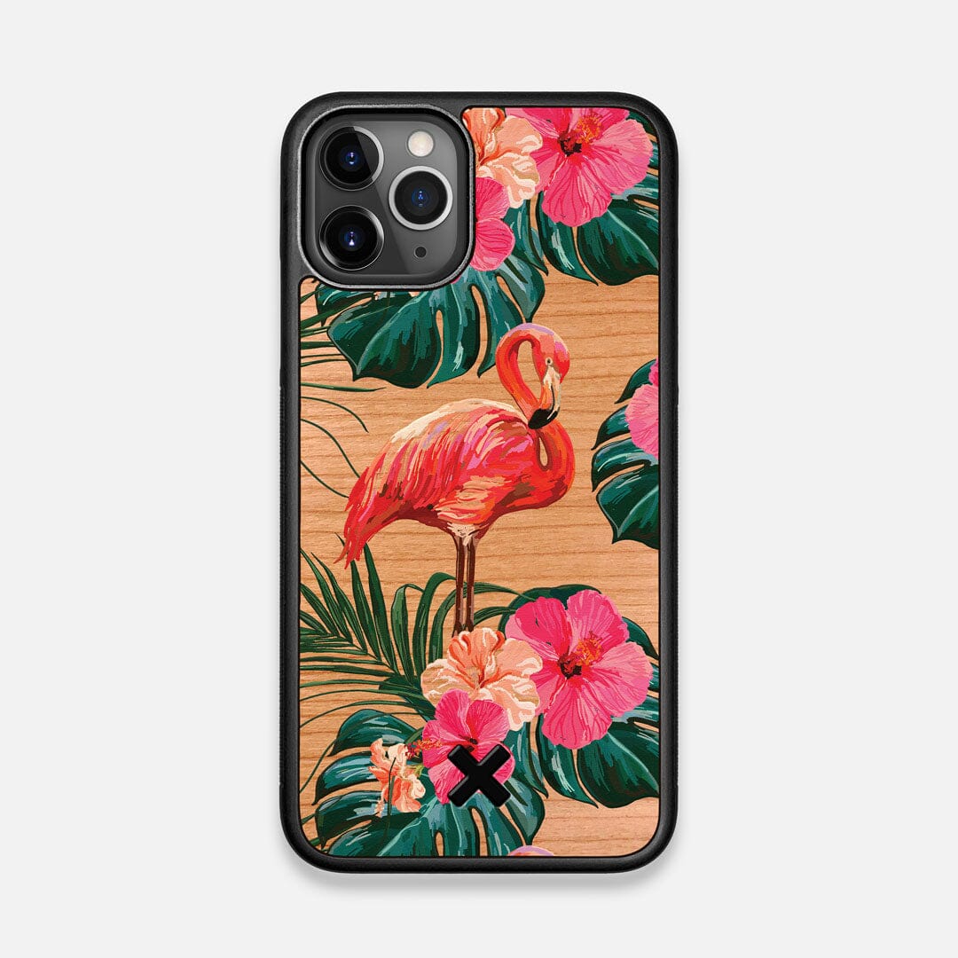 Front view of the Flamingo & Floral printed Cherry Wood iPhone 11 Pro Case by Keyway Designs