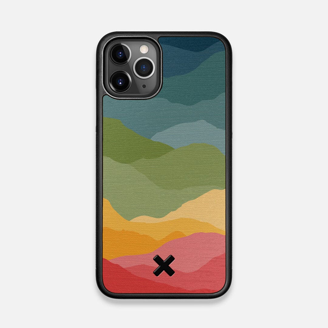 Front view of the vibrant flowing rainbow print on Wenge wood iPhone 11 Pro Case by Keyway Designs