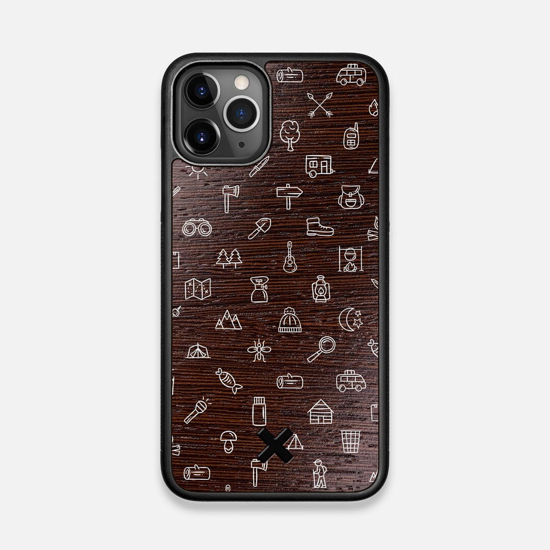 Front view of the fun detailed camping icon print on Wenge wood iPhone 11 Pro Case by Keyway Designs