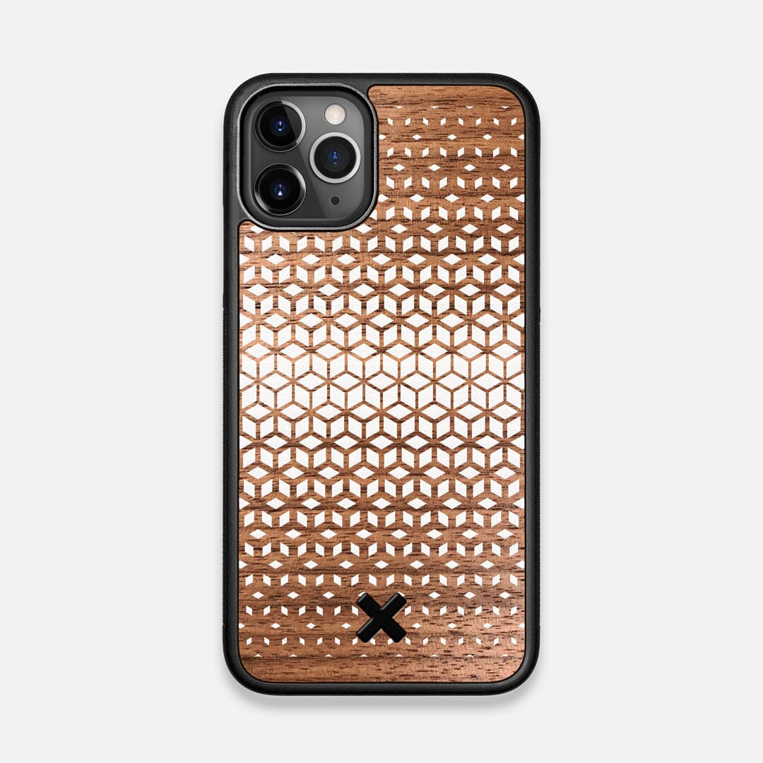 Front view of the white ink geometric gradient printed on Walnut wood iPhone 11 Pro Case by Keyway Designs
