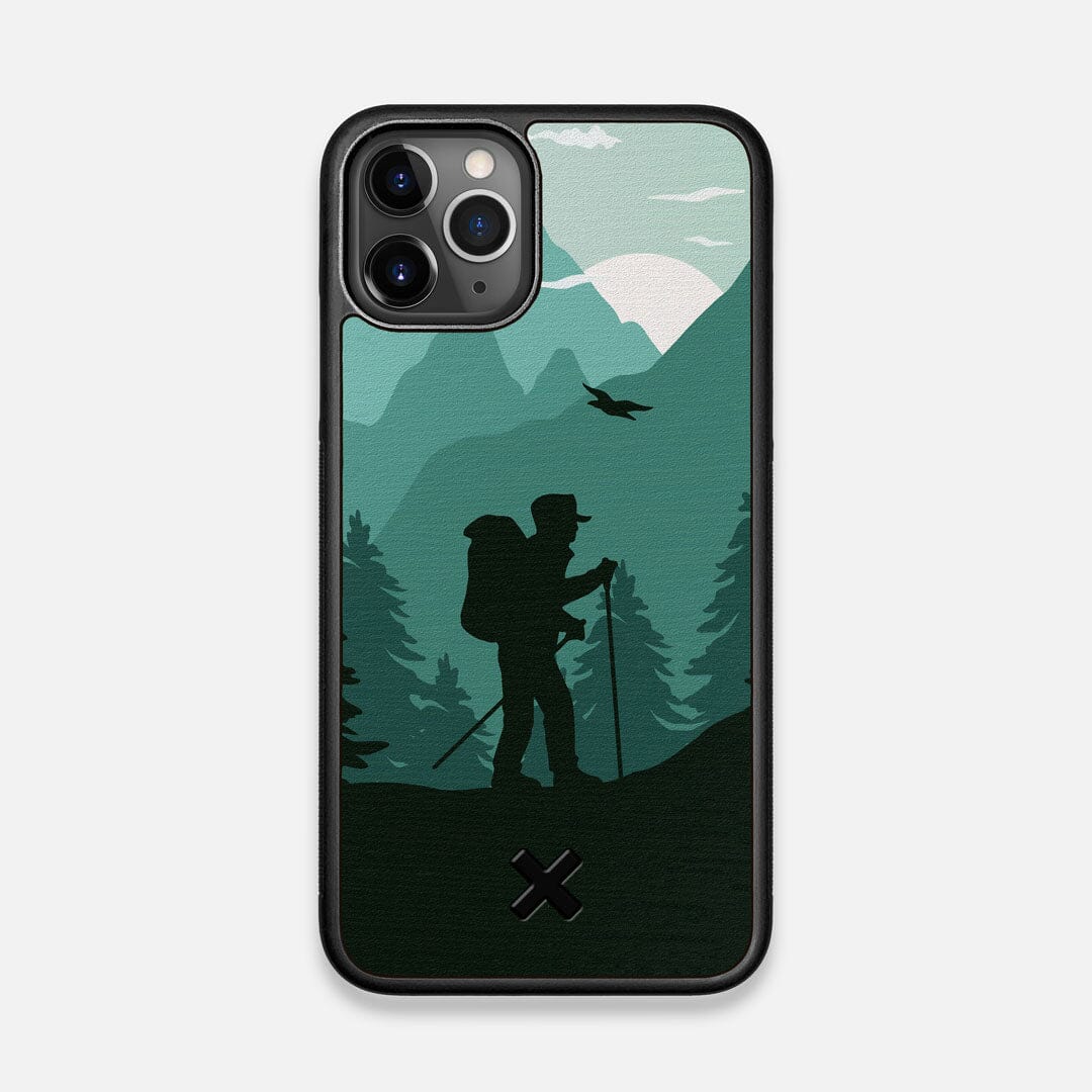 Front view of the stylized mountain hiker print on Wenge wood iPhone 11 Pro Case by Keyway Designs