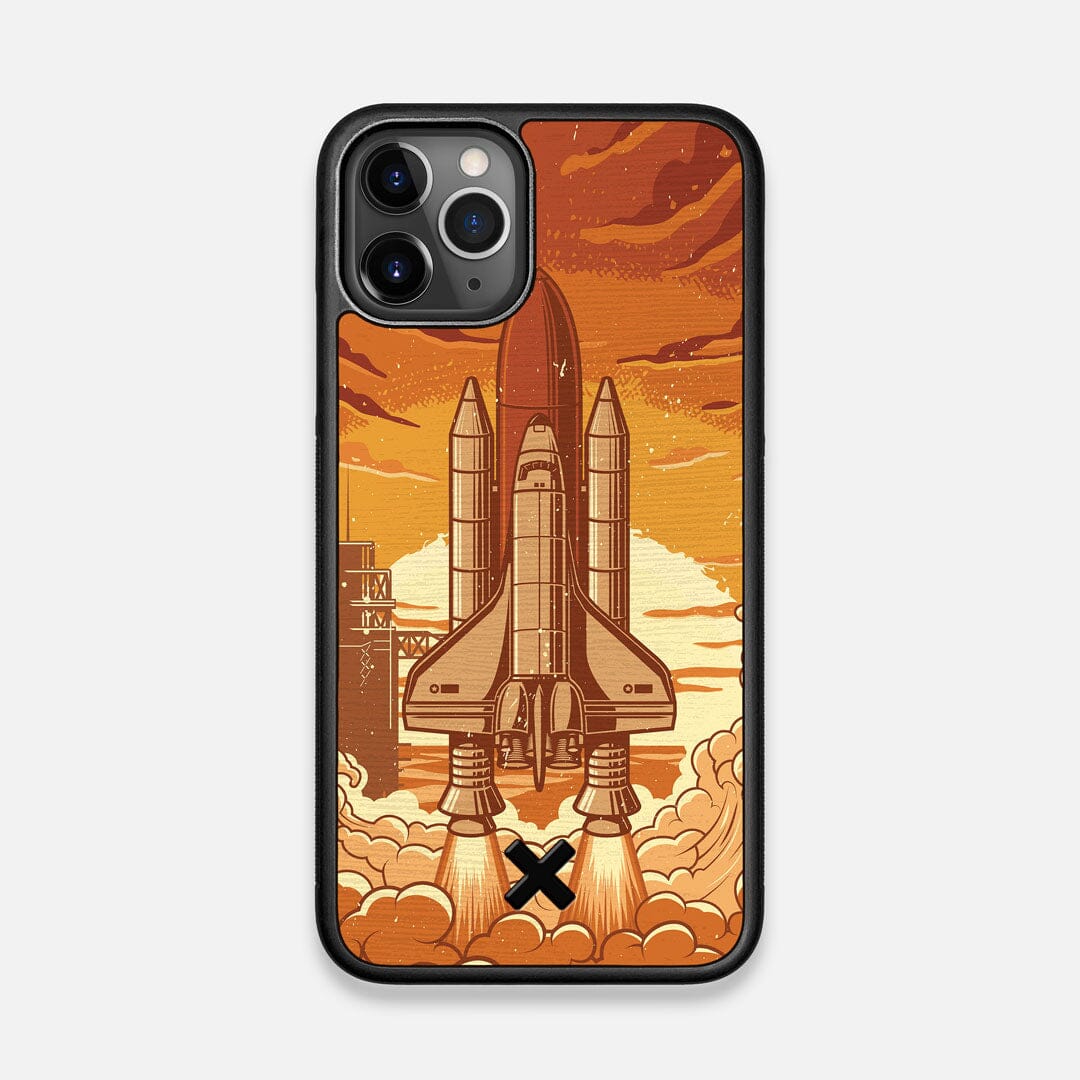 Front view of the vibrant stylized space shuttle launch print on Wenge wood iPhone 11 Pro Case by Keyway Designs