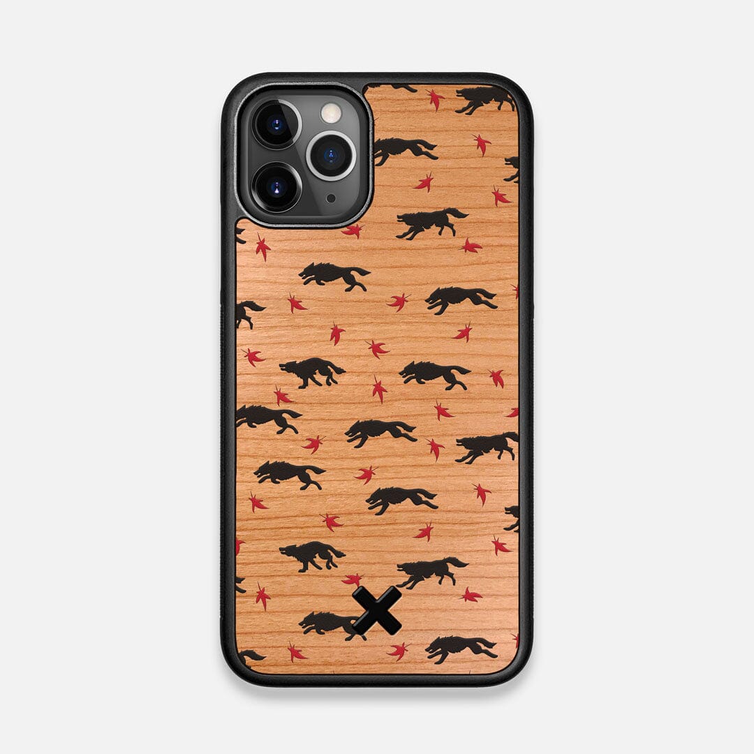 Front view of the unique pattern of wolves and Maple leaves printed on Cherry wood iPhone 11 Pro Case by Keyway Designs