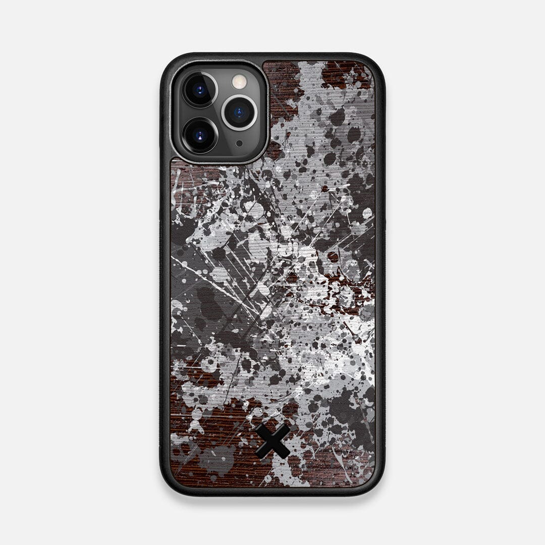 Front view of the aggressive, monochromatic splatter pattern overprintedprinted Wenge Wood iPhone 11 Pro Case by Keyway Designs
