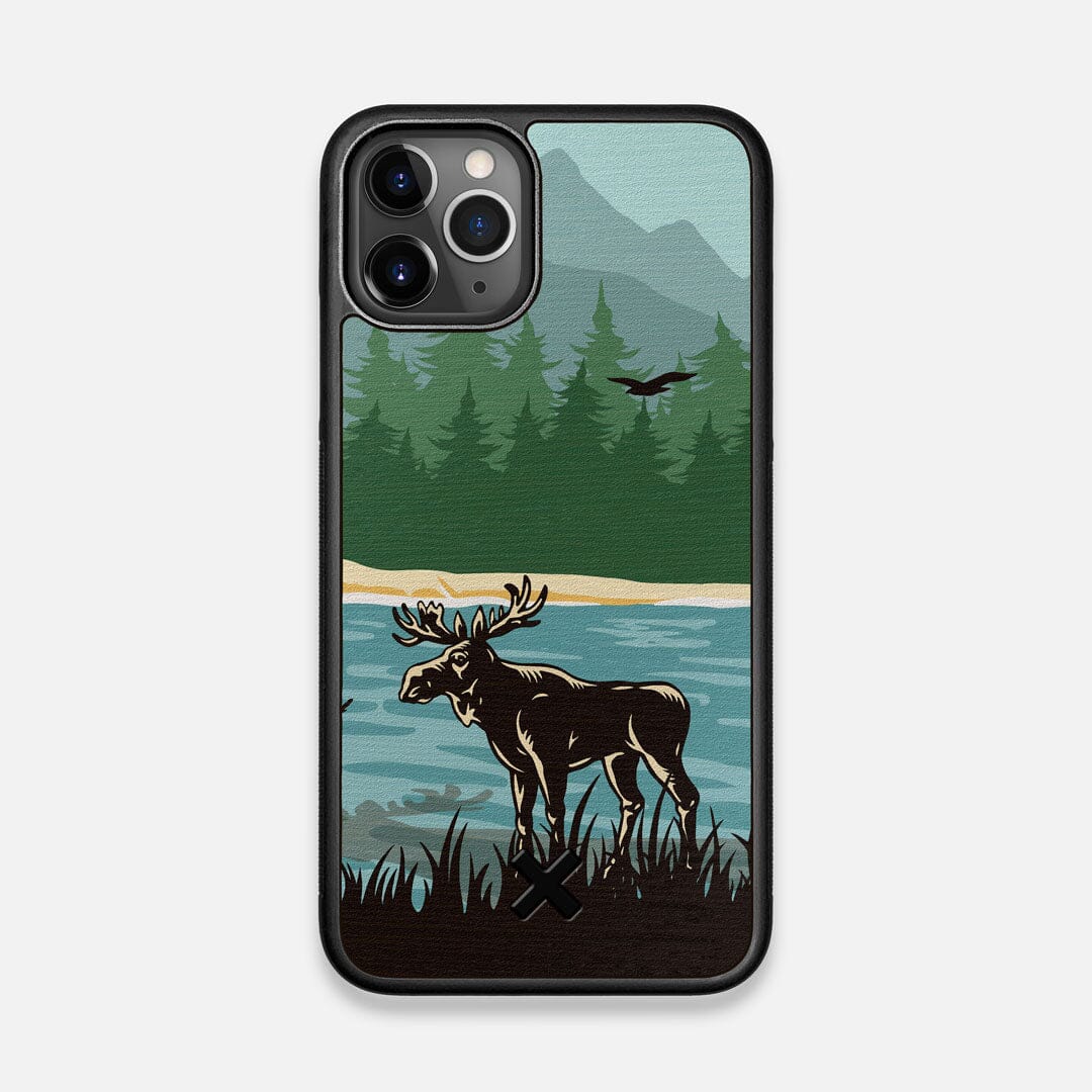 Front view of the stylized bull moose forest print on Wenge wood iPhone 11 Pro Case by Keyway Designs