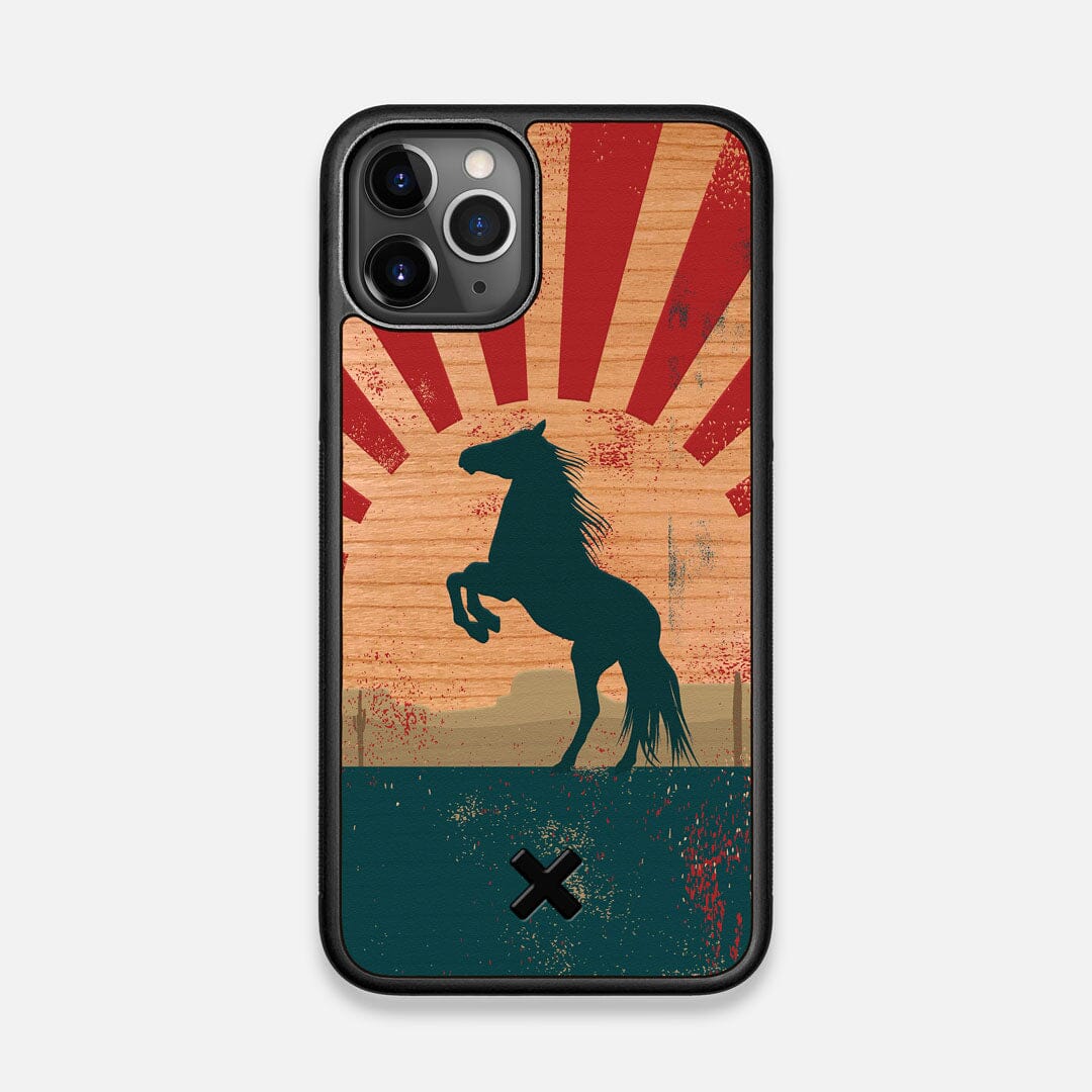 Front view of the epic mustang rearing up printed on Cherry wood iPhone 11 Pro Case by Keyway Designs