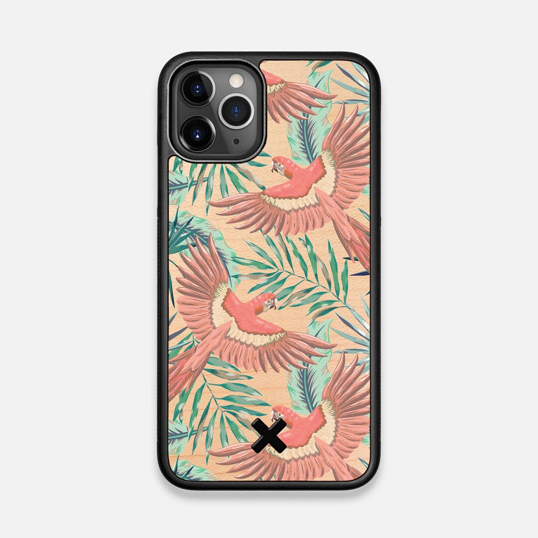Front view of the Paradise Macaw and Tropical Leaf printed Maple Wood iPhone 11 Pro Case by Keyway Designs
