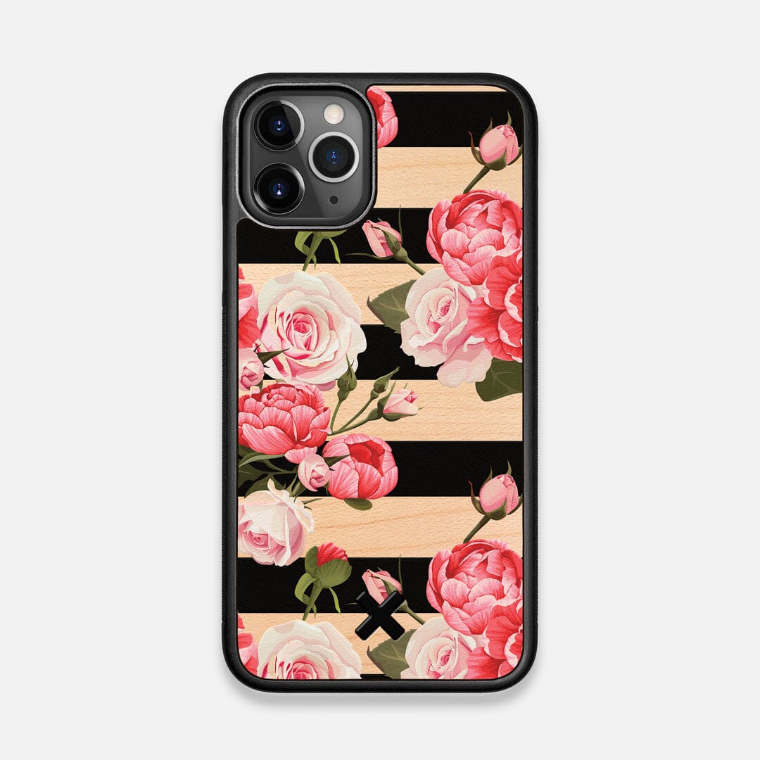 Front view of the artsy print of stripes with peonys and roses on Maple wood iPhone 11 Pro Case by Keyway Designs