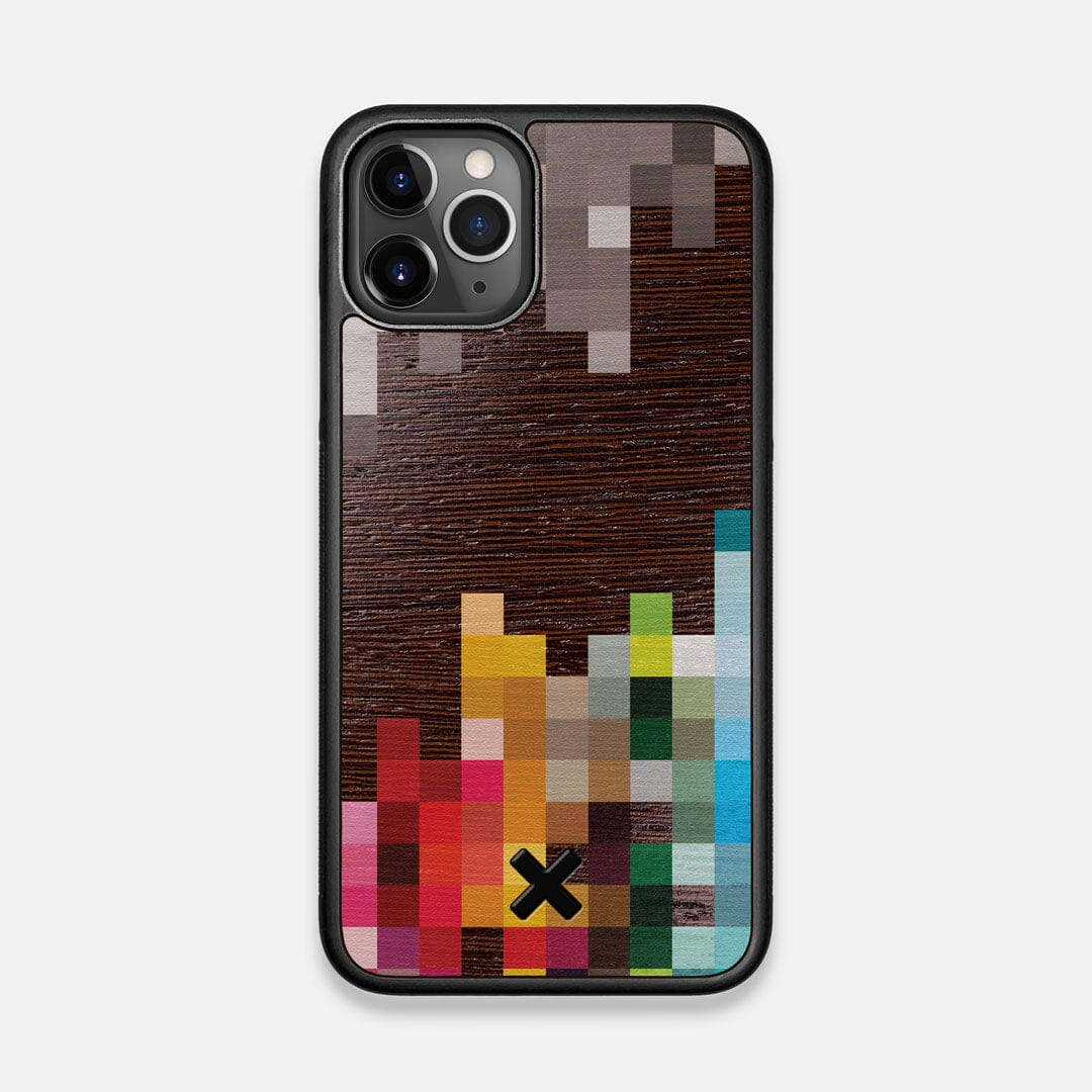 Front view of the digital art inspired pixelation design on Wenge wood iPhone 11 Pro Case by Keyway Designs
