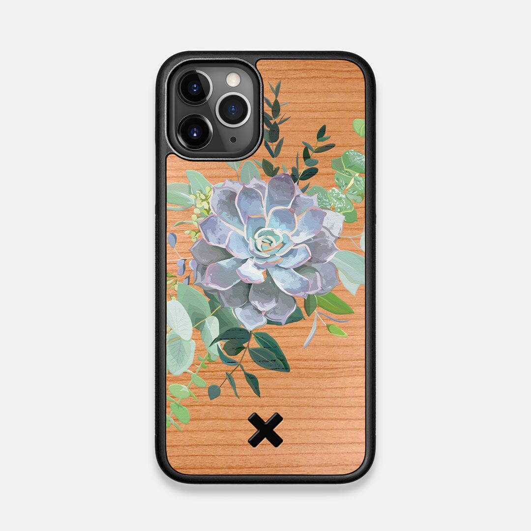 Front view of the print centering around a succulent, Echeveria Pollux on Cherry wood iPhone 11 Pro Case by Keyway Designs