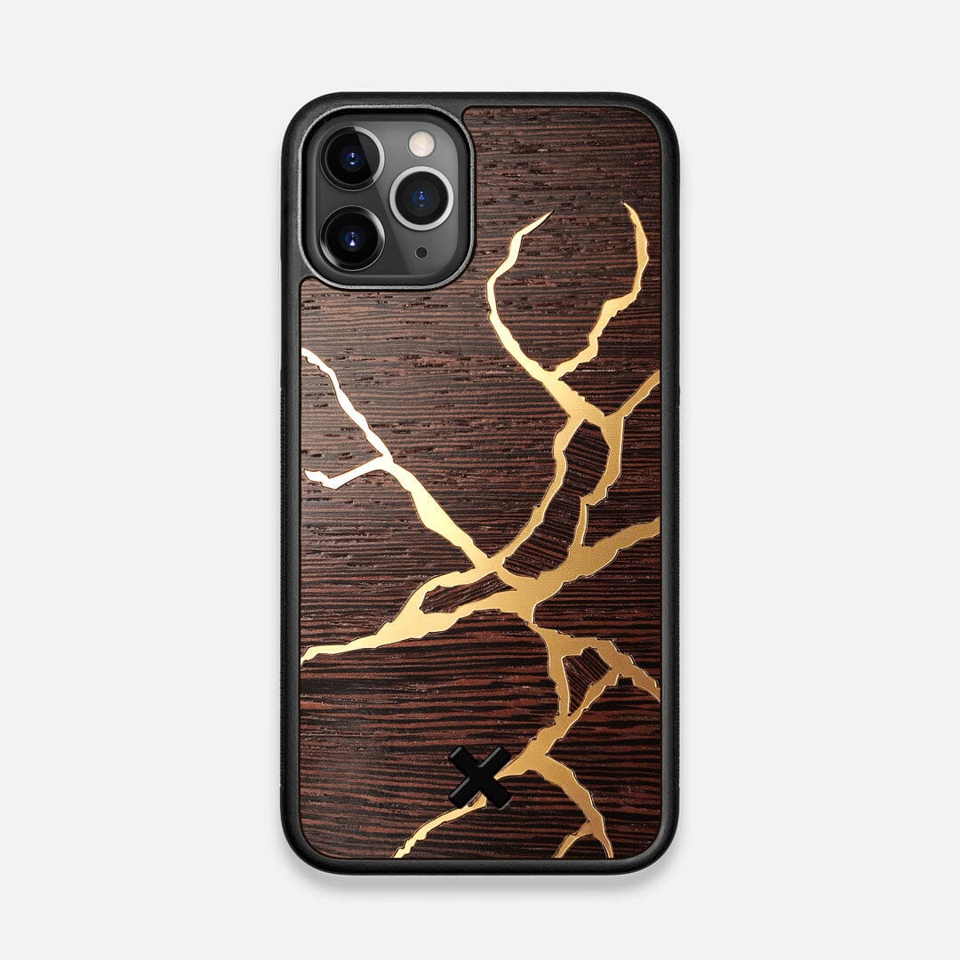 Front view of the Kintsugi inspired Gold and Wenge Wood iPhone 11 Pro Case by Keyway Designs