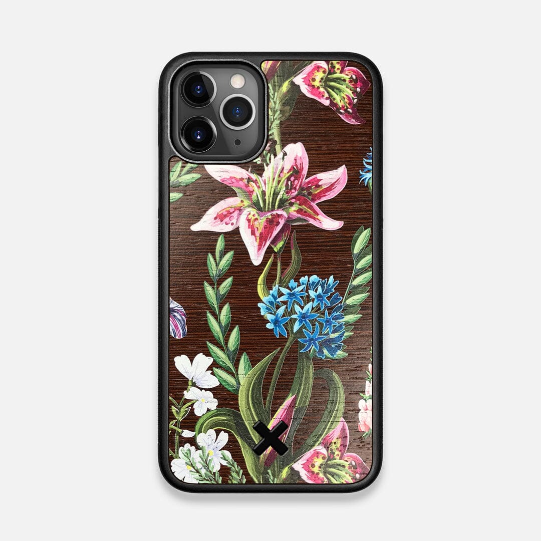 Front view of the Stargazer Lily printed Wenge Wood iPhone 11 Pro Case by Keyway Designs
