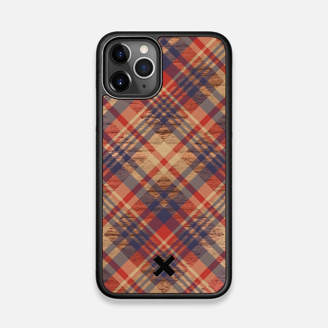 Front view of the Tartan print of beige, blue, and red on Walnut wood iPhone 11 Pro Case by Keyway Designs