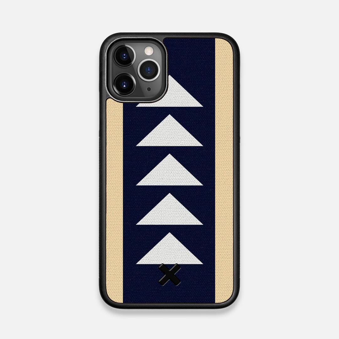 Front view of the Track Adventure Marker in the Wayfinder series UV-Printed thick cotton canvas iPhone 11 Pro Case by Keyway Designs