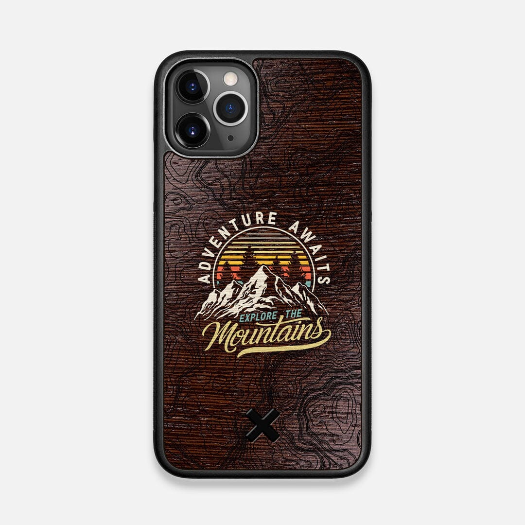 Front view of the crisp topographical map with Explorer badge printed on matte black impact acrylic iPhone 11 Pro Case by Keyway Designs