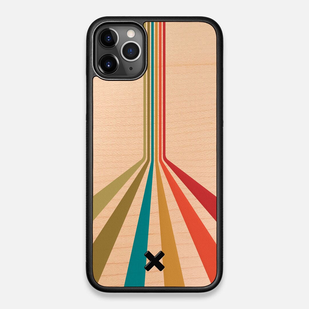 Front view of the array of colour beams splitting across the case printed on Maple wood iPhone 11 Pro Max Case by Keyway Designs