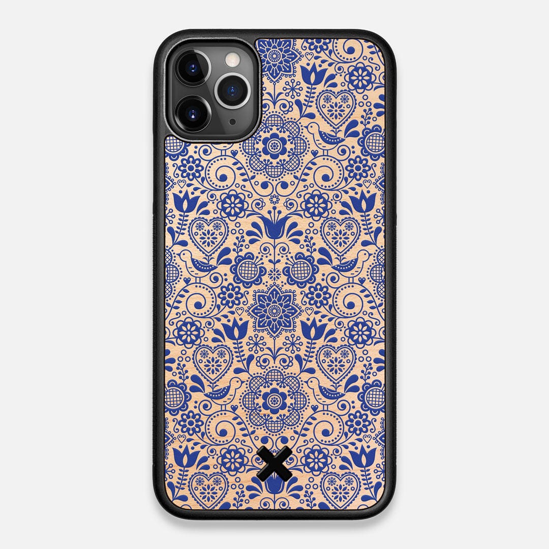 Front view of the blue floral pattern on maple wood iPhone 11 Pro Max Case by Keyway Designs