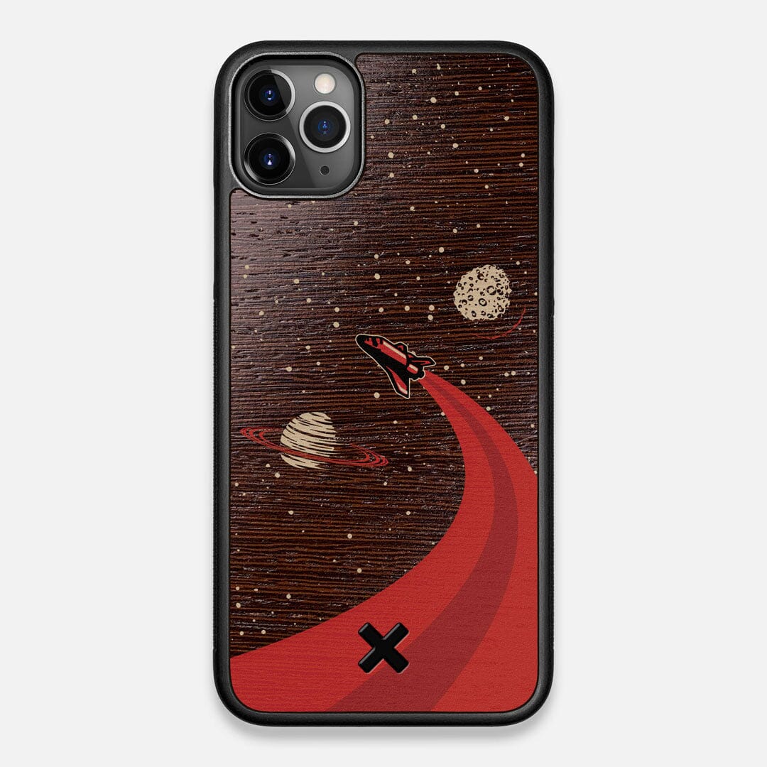 Front view of the stylized space shuttle boosting to saturn printed on Wenge wood iPhone 11 Pro Max Case by Keyway Designs