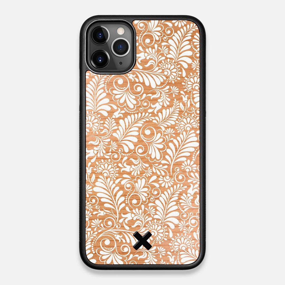 Front view of the white ink flowing botanical print on Cherry wood iPhone 11 Pro Max Case by Keyway Designs