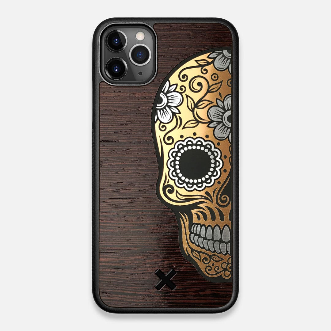 Front view of the Calavera Wood Sugar Skull Wood iPhone 11 Pro Max Case by Keyway Designs