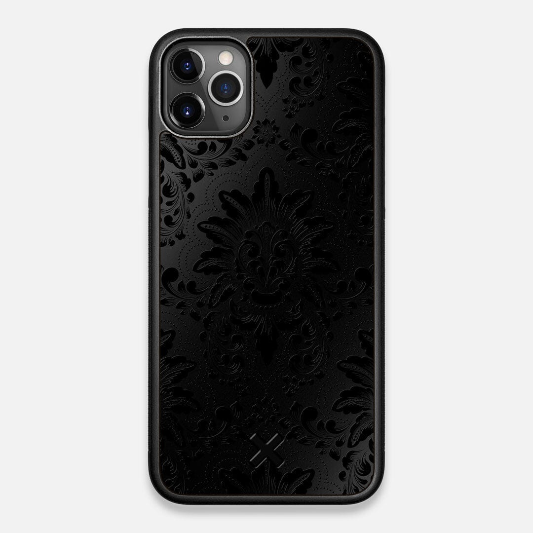Front view of the detailed gloss Damask pattern printed on matte black impact acrylic iPhone 11 Pro Max Case by Keyway Designs