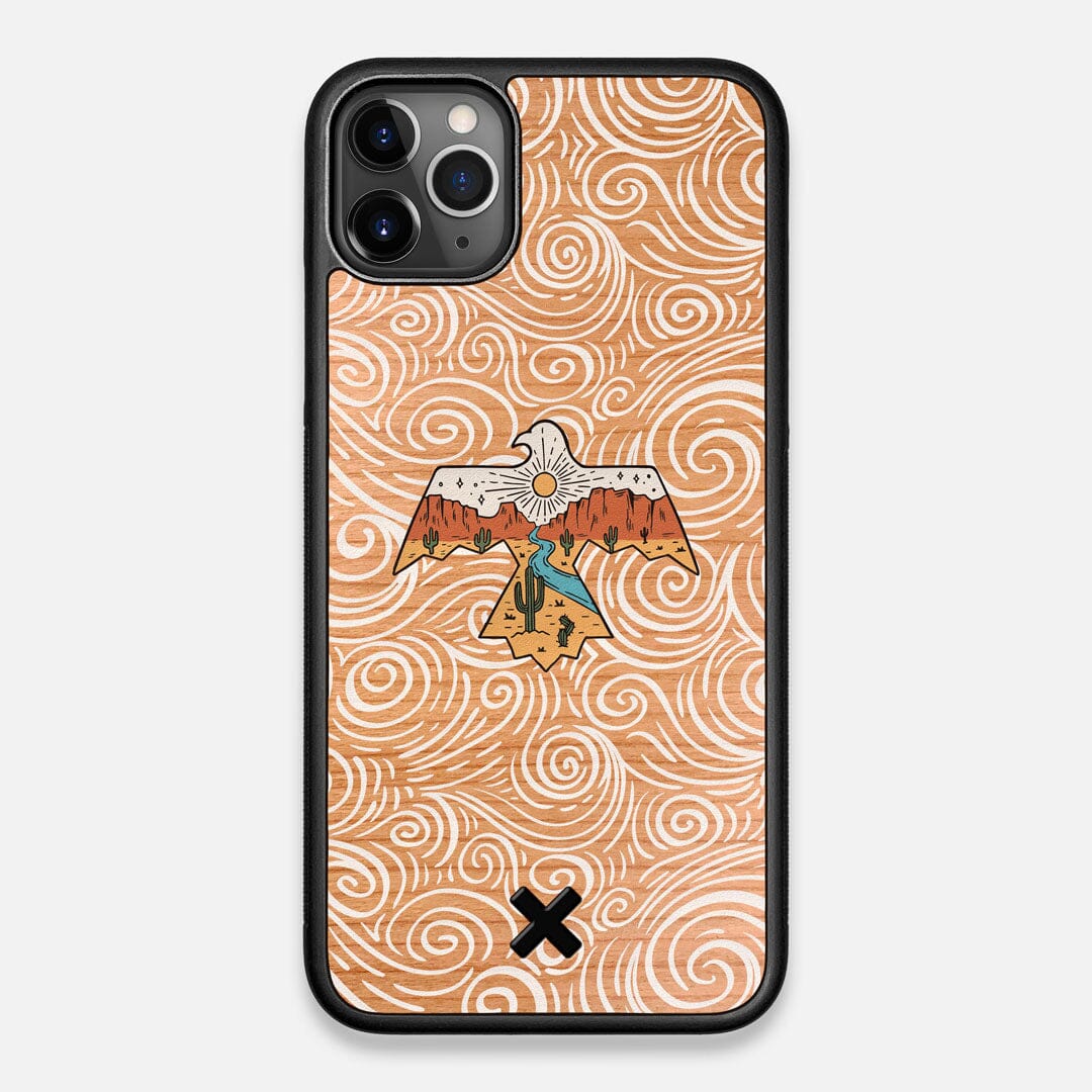 Front view of the double-exposure style eagle over flowing gusts of wind printed on Cherry wood iPhone 11 Pro Max Case by Keyway Designs