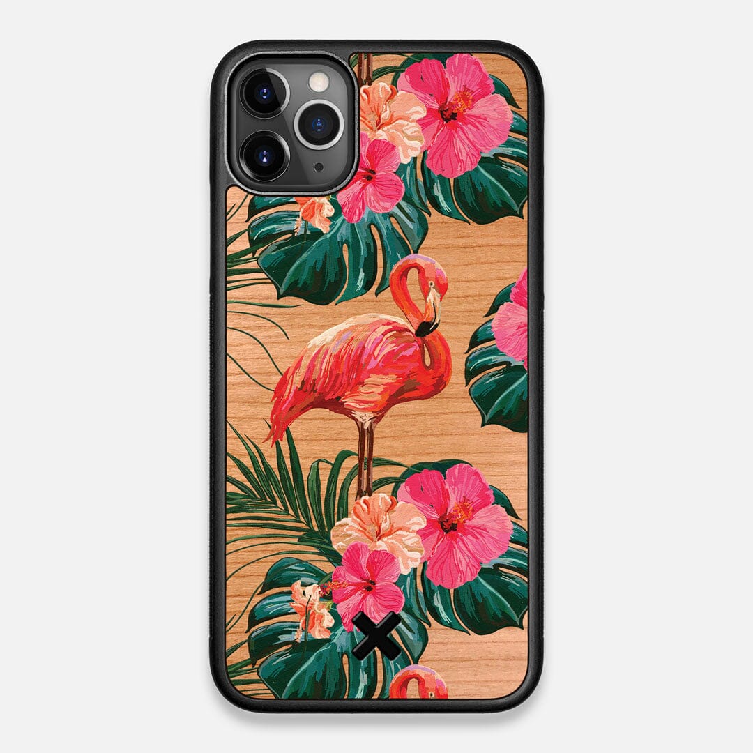 Front view of the Flamingo & Floral printed Cherry Wood iPhone 11 Pro Max Case by Keyway Designs