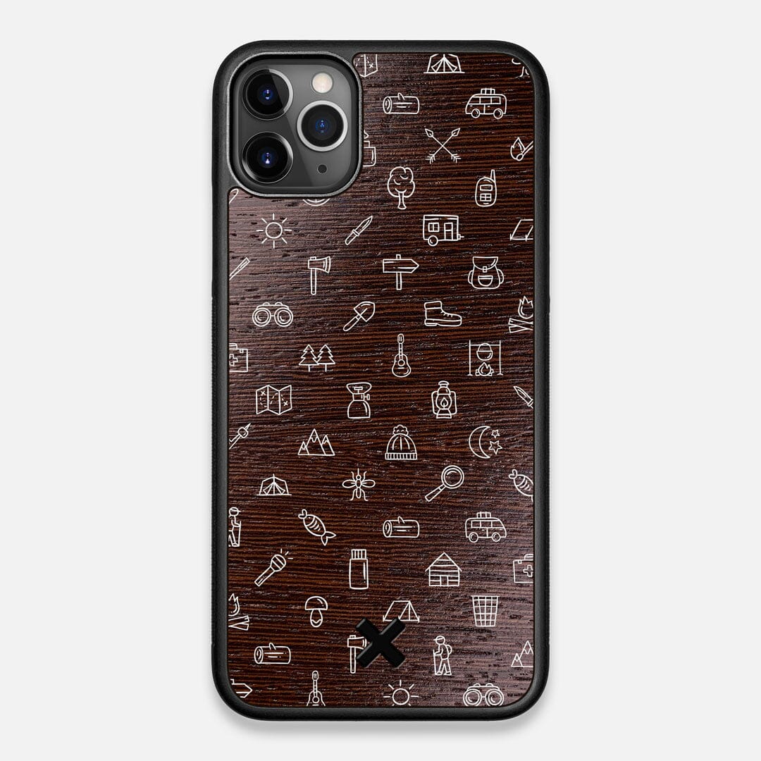 Front view of the fun detailed camping icon print on Wenge wood iPhone 11 Pro Max Case by Keyway Designs