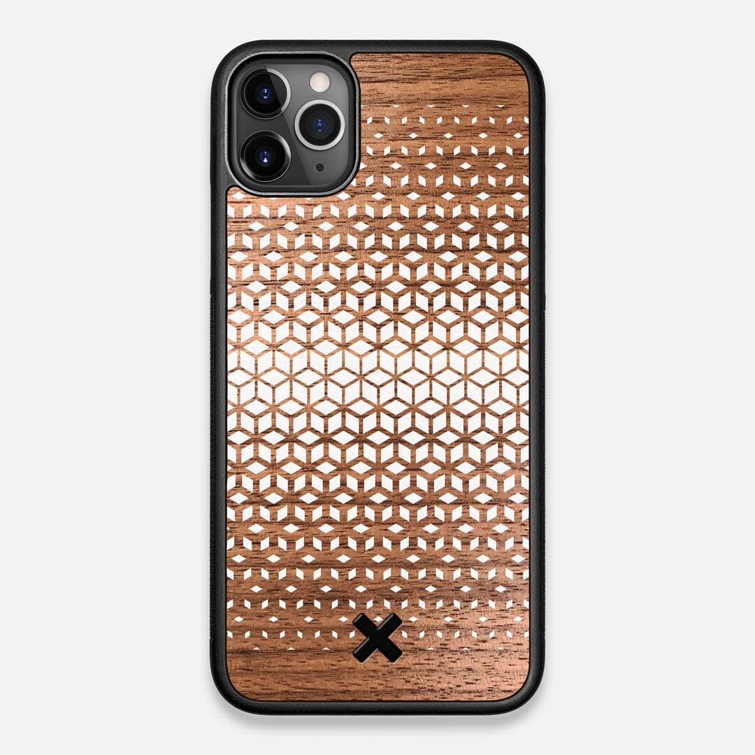Front view of the white ink geometric gradient printed on Walnut wood iPhone 11 Pro Max Case by Keyway Designs