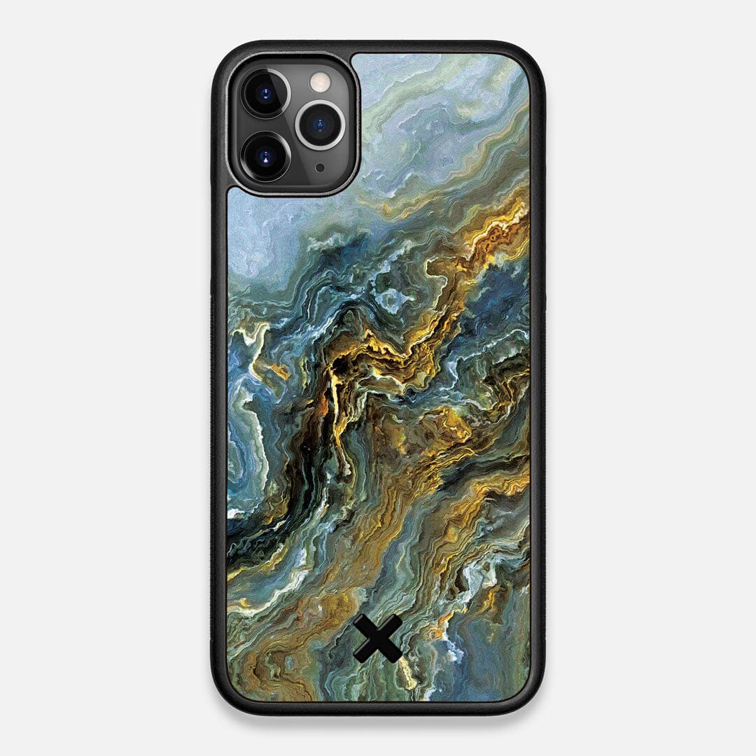 Front view of the vibrant and rich Blue & Gold flowing marble pattern printed Wenge Wood iPhone 11 Pro Max Case by Keyway Designs