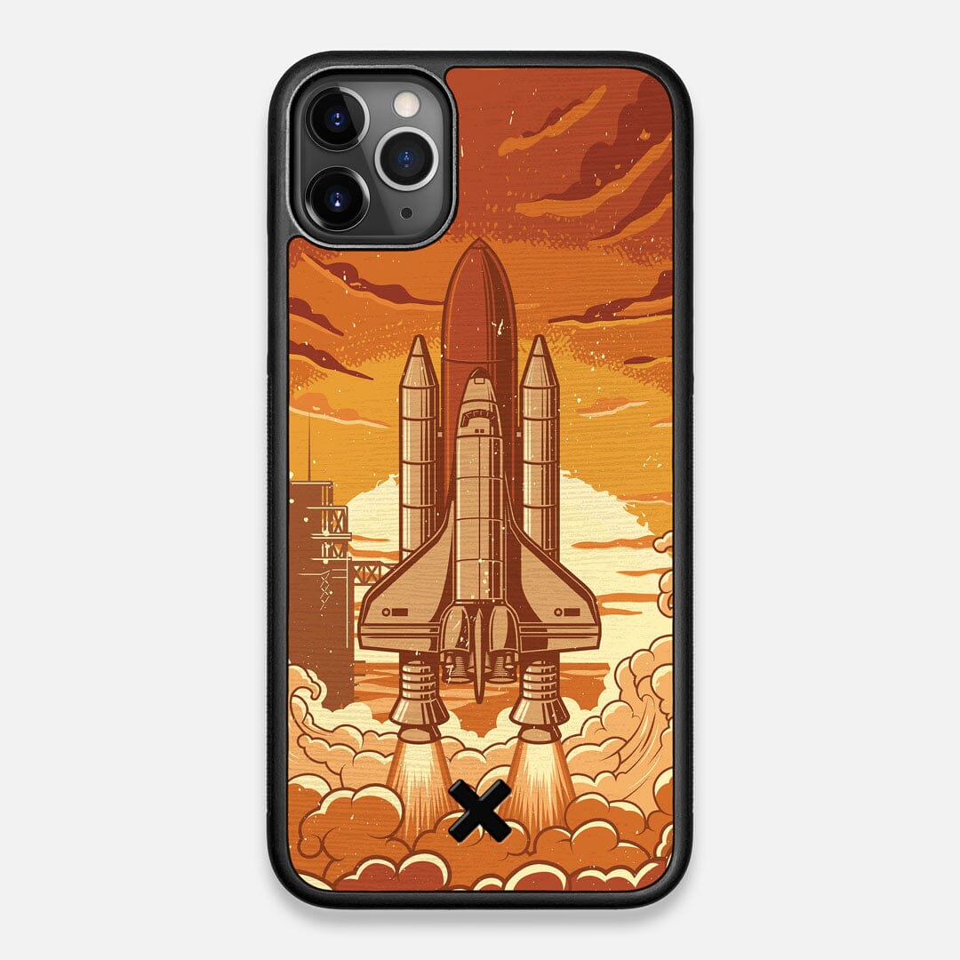 Front view of the vibrant stylized space shuttle launch print on Wenge wood iPhone 11 Pro Max Case by Keyway Designs