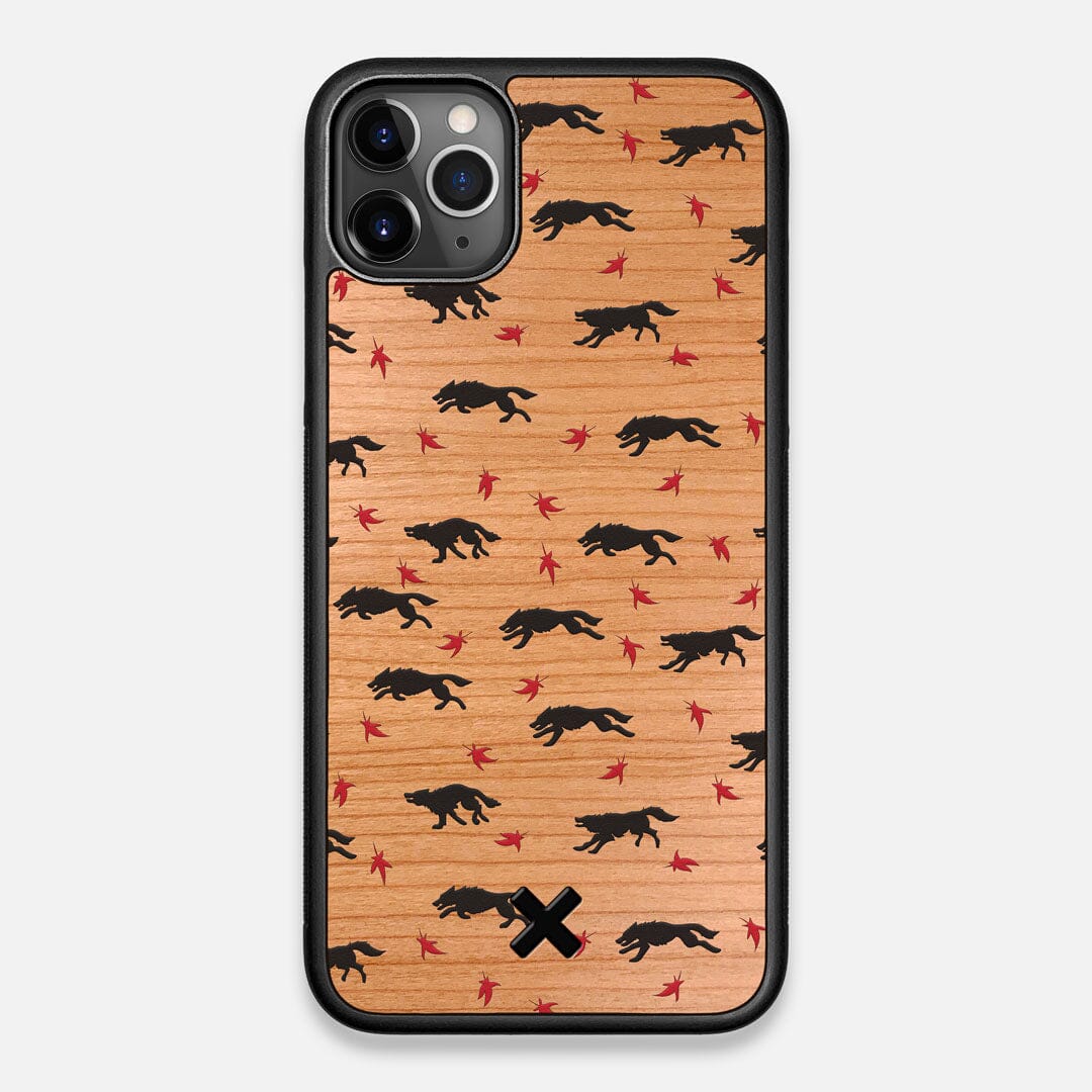 Front view of the unique pattern of wolves and Maple leaves printed on Cherry wood iPhone 11 Pro Max Case by Keyway Designs