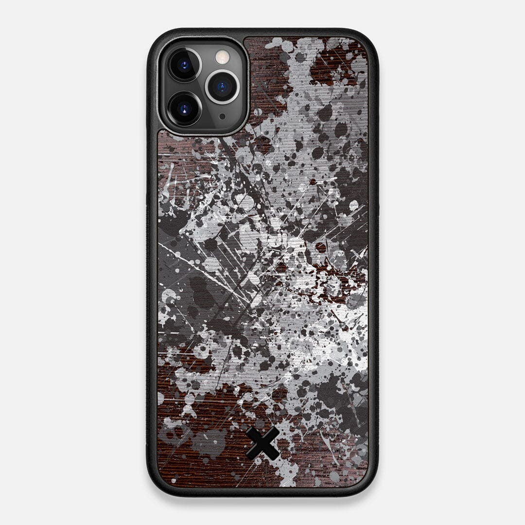 Front view of the aggressive, monochromatic splatter pattern overprintedprinted Wenge Wood iPhone 11 Pro Max Case by Keyway Designs