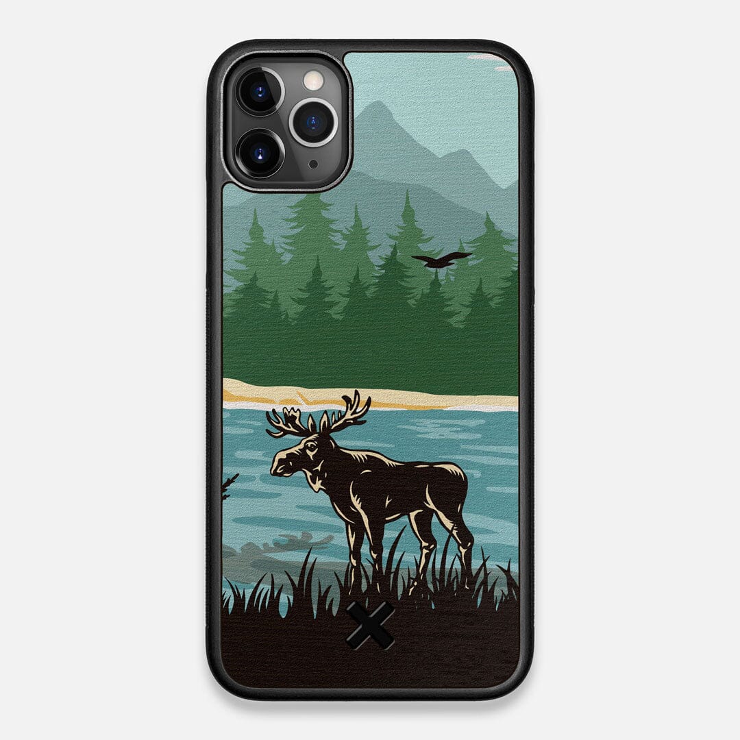 Front view of the stylized bull moose forest print on Wenge wood iPhone 11 Pro Max Case by Keyway Designs