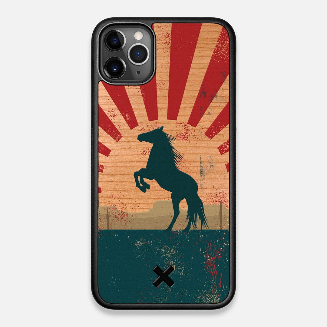 Front view of the epic mustang rearing up printed on Cherry wood iPhone 11 Pro Max Case by Keyway Designs