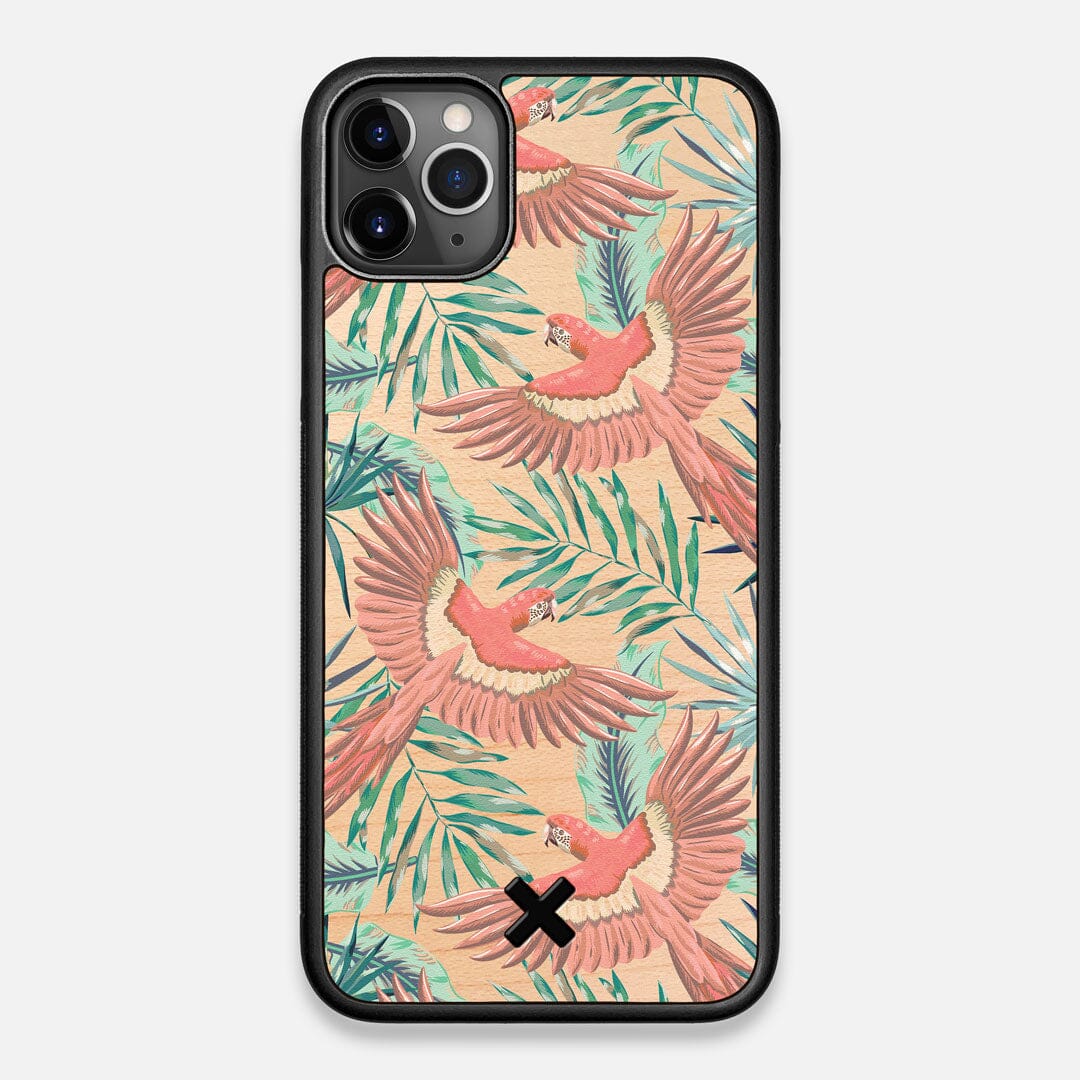Front view of the Paradise Macaw and Tropical Leaf printed Maple Wood iPhone 11 Pro Max Case by Keyway Designs