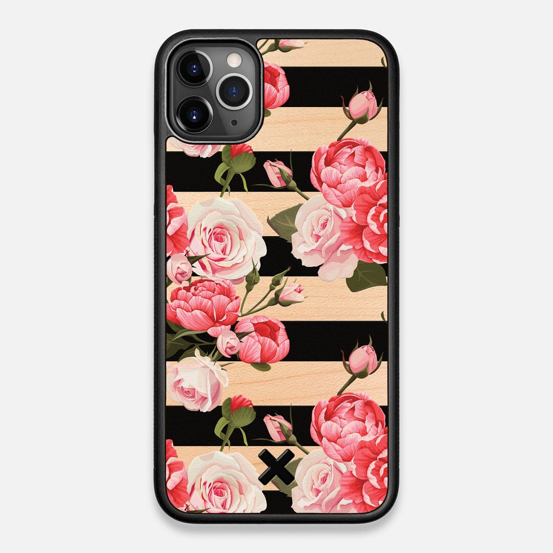 Front view of the artsy print of stripes with peonys and roses on Maple wood iPhone 11 Pro Max Case by Keyway Designs