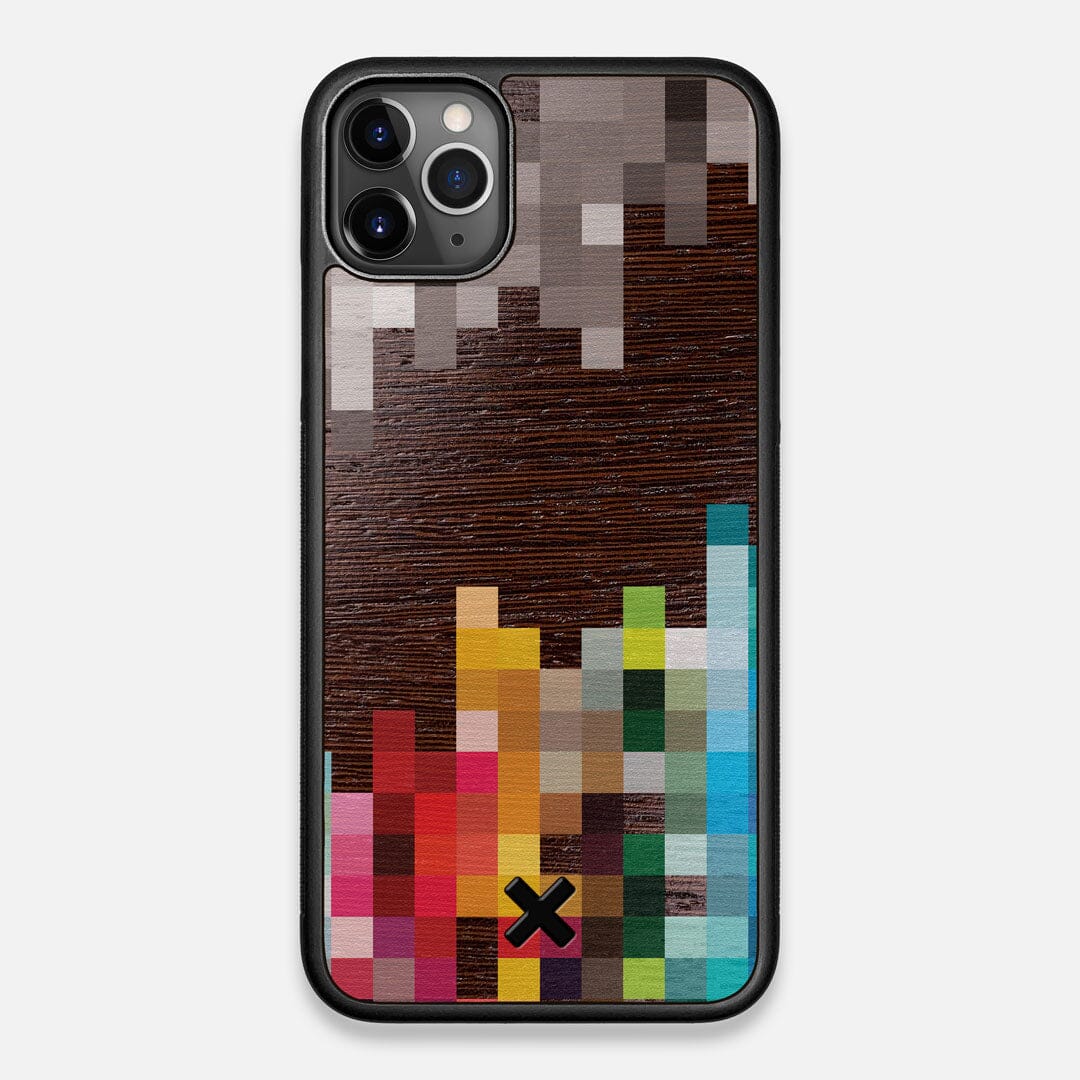 Front view of the digital art inspired pixelation design on Wenge wood iPhone 11 Pro Max Case by Keyway Designs