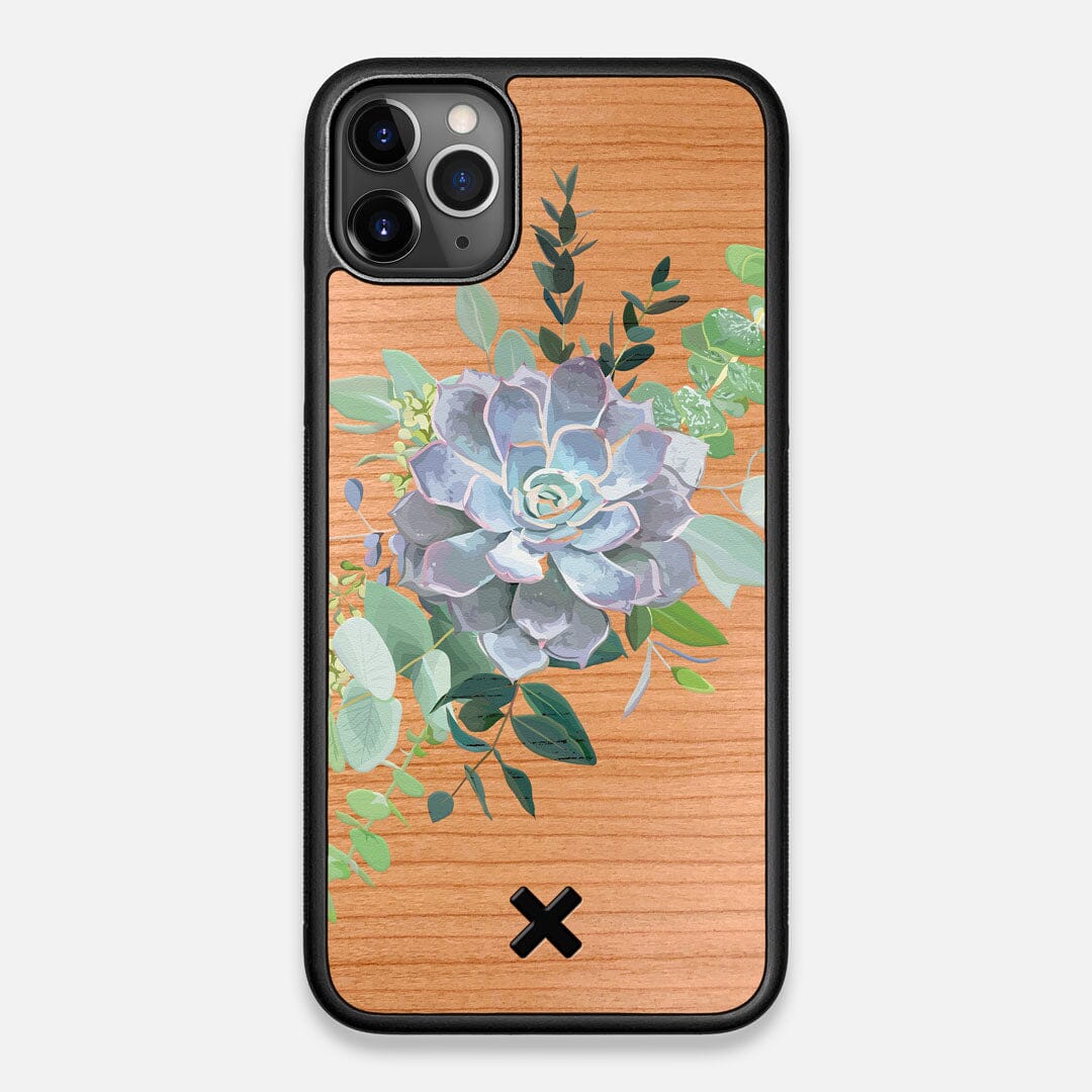 Front view of the print centering around a succulent, Echeveria Pollux on Cherry wood iPhone 11 Pro Max Case by Keyway Designs