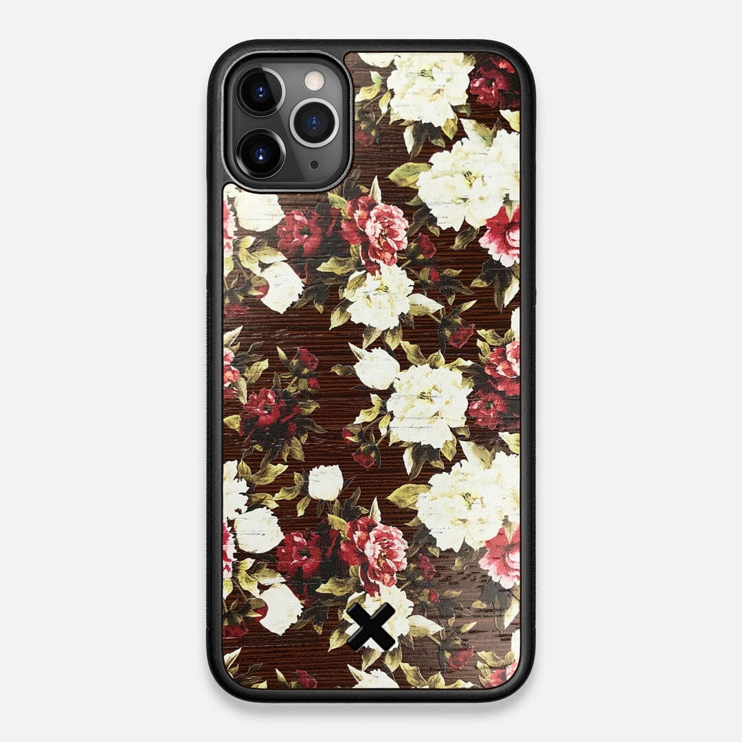 Front view of the Rose white and red rose printed Wenge Wood iPhone 11 Pro Max Case by Keyway Designs