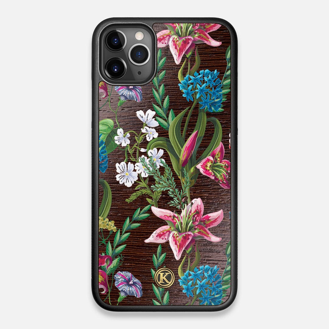 Front view of the Stargazer Lily printed Wenge Wood iPhone 11 Pro Max Case by Keyway Designs