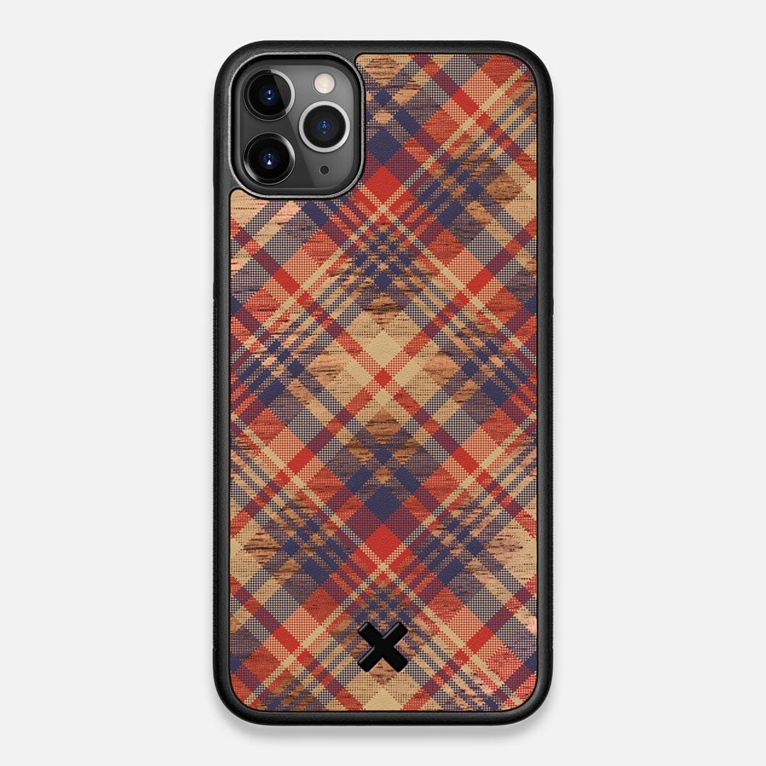 Front view of the Tartan print of beige, blue, and red on Walnut wood iPhone 11 Pro Max Case by Keyway Designs