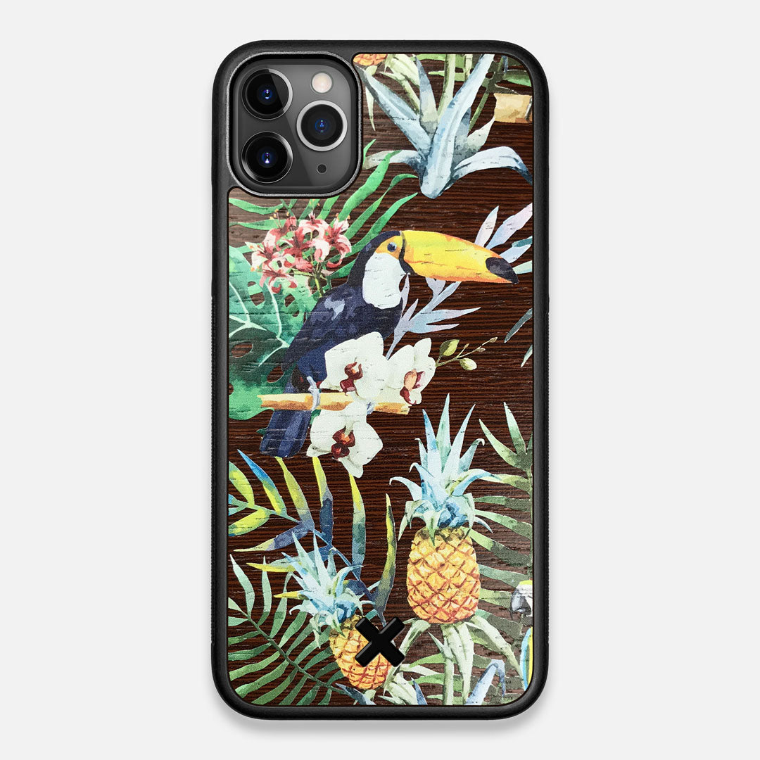 Front view of the Tropic Toucan and leaf printed Wenge Wood iPhone 11 Pro Max Case by Keyway Designs
