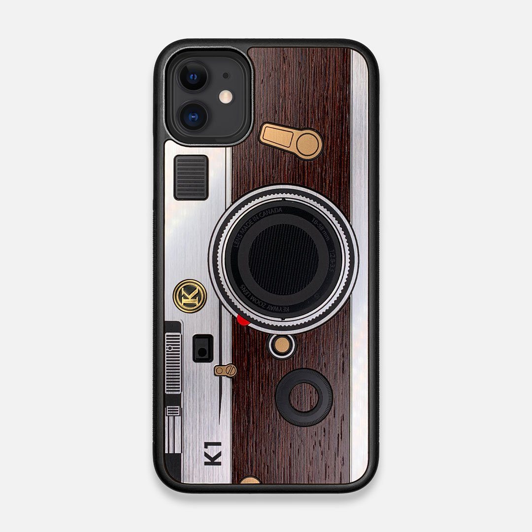 Front view of the classic Camera, silver metallic and wood iPhone 11 Case by Keyway Designs